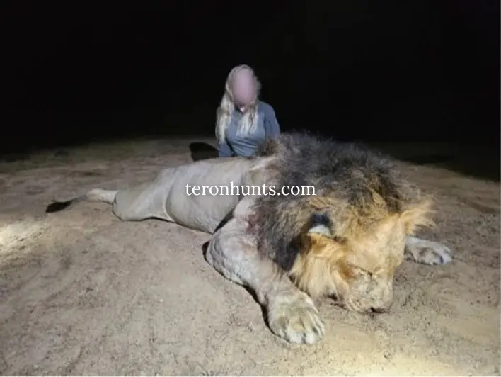 Hunter taking picture with his hunted lion in Mozambique, example of successful client of Teron who went lion hunting in Mozambique