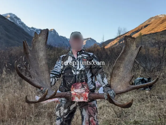 Hunter taking picture with his hunted moose in Alaska USA, example of successful client of Teron who went moose hunting in Alaska USA